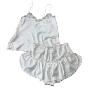 Lindsey Blake Pajama Slip Set Women Large White Bow Rose Embroidery Lace Satin